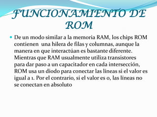 Funcionamiento de ROMDe un modo similar a la memoria RAM, los chips ROM contienen  una hilera de filas y columnas, aunque la manera en que interactúan es bastante diferente. Mientras que RAM usualmente utiliza transistores para dar paso a un capacitador en cada intersección, ROM usa un diodo para conectar las líneas si el valor es igual a 1. Por el contrario, si el valor es 0, las líneas no se conectan en absoluto