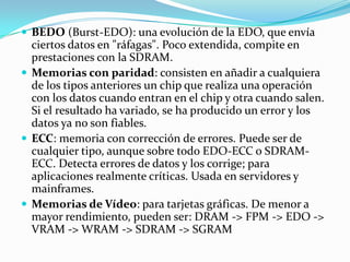 BEDO (Burst-EDO): una evolución de la EDO, que envía ciertos datos en "ráfagas". Poco extendida, compite en prestaciones con la SDRAM. Memorias con paridad: consisten en añadir a cualquiera de los tipos anteriores un chip que realiza una operación con los datos cuando entran en el chip y otra cuando salen. Si el resultado ha variado, se ha producido un error y los datos ya no son fiables.ECC: memoria con corrección de errores. Puede ser de cualquier tipo, aunque sobre todo EDO-ECC o SDRAM-ECC. Detecta errores de datos y los corrige; para aplicaciones realmente críticas. Usada en servidores y mainframes. Memorias de Vídeo: para tarjetas gráficas. De menor a mayor rendimiento, pueden ser: DRAM -> FPM -> EDO -> VRAM -> WRAM -> SDRAM -> SGRAM 