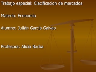 Trabajo especial: Clacificacion de mercados

Materia: Economia

Alumno: Julián García Galvao



Profesora: Alicia Barba
 