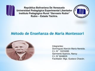 Integrantes:
Domínguez Alarcón María Nereida.
C.I. N° 12233285
Sarmiento Aparicio, Nancy
C.I. N° 9248635
Facilitador: Mgs. Gustavo Chacón.
 