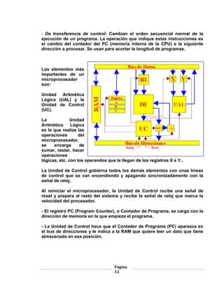 · De transferencia de control: Cambian el orden secuencial normal de la
ejecución de un programa. La operación que indique estas instrucciones es
el cambio del contador del PC (memoria interna de la CPU) a la siguiente
dirección a procesar. Se usan para acortar la longitud de programas.



Los elementos más
importantes de un
microprocesador
son:

Unidad Aritmética
Lógica (UAL) y la
Unidad de Control
(UC).

La             Unidad
Aritmético     Lógica
es la que realiza las
operaciones        del
microprocesador,
se    encarga      de
sumar, restar, hacer
operaciones
lógicas, etc. con los operandos que le llegan de los registros X e Y..

La Unidad de Control gobierna todos los demás elementos con unas líneas
de control que se van encendiendo y apagando sincronizadamente con la
señal de reloj.

Al reiniciar el microprocesador, la Unidad de Control recibe una señal de
reset y prepara al resto del sistema y recibe la señal de reloj que marca la
velocidad del procesador.

- El registro PC (Program Counter), o Contador de Programa, se carga con la
dirección de memoria en la que empieza el programa.

- La Unidad de Control hace que el Contador de Programa (PC) aparezca en
el bus de direcciones y le indica a la RAM que quiere leer un dato que tiene
almacenado en esa posición.




                                    Página
                                    12
 