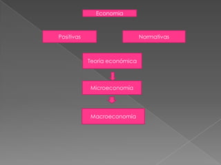 Economia
Positivas Normativas
Teoría económica
Microeconomía
Macroeconomía
 