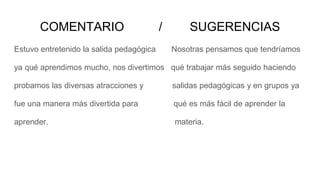 Estuvo entretenido la salida pedagógica Nosotras pensamos que tendríamos
ya qué aprendimos mucho, nos divertimos qué trabajar más seguido haciendo
probamos las diversas atracciones y salidas pedagógicas y en grupos ya
fue una manera más divertida para qué es más fácil de aprender la
aprender. materia.
COMENTARIO / SUGERENCIAS
 