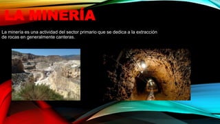 LA MINERÍA
La minería es una actividad del sector primario que se dedica a la extracción
de rocas en generalmente canteras.
 