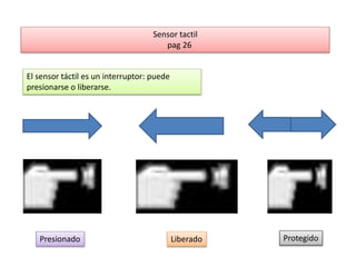 Sensor tactil 
pag 26 
El sensor táctil es un interruptor: puede 
presionarse o liberarse. 
Presionado Liberado Protegido 
 