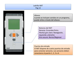 Ladrillo NXT 
Pag 12 
Altavoz 
Cuando se incluyen sonidos en un programa, 
puede oírlos a través del altavoz. 
Botones del NXT 
Naranja: Encender/Intro. 
Flechas gris claro: Navegación, 
izquierda y derecha 
Gris oscuro: Borrar/Regresar 
Puertos de entrada 
El NXT dispone de cuatro puertos de entrada 
para conectar sensores. Los sensores deben 
conectarse al puerto 1, 2, 3 o 4. 
 