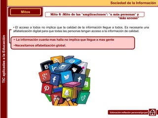 Valoración-reflexión personal/grupal
▪ El acceso a todos no implica que la calidad de la información llegue a todos. Es necesaria una
alfabetización digital para que todas las personas tengan acceso a la información de calidad.
Mitos
Sociedad de la Información
TIC
aplicadas
a
la
Educación
~ La información cuanta mas halla no implica que llegue a mas gente
~Necesitamos alfabetización global.
Mito 8 :Mito de las "amplicaciones": "a más personas" y
"más acceso"
 
