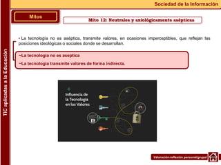 Valoración-reflexión personal/grupal
▪ La tecnología no es aséptica, transmite valores, en ocasiones imperceptibles, que reflejan las
posiciones ideológicas o sociales donde se desarrollan.
Mitos
Sociedad de la Información
TIC
aplicadas
a
la
Educación
~La tecnologia no es aseptica
~La tecnologia transmite valores de forma indirecta.
Mito 12: Neutrales y axiológicamente asépticas
 