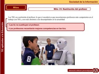 Valoración-reflexión personal/grupal
Las TICs no sustituirán al profesor, lo que sí sucederá es que necesitaremos profesores más competentes en el
trabajo con TICs, con roles distintos a los desempeñados en la actualidad.
Mitos
Sociedad de la Información
TIC
aplicadas
a
la
Educación
~Las tic no sustituyen al profesor.
~Los profesores necesitarán mejores competencias en las tics.
Mito 14: Sustitución del profesor
 