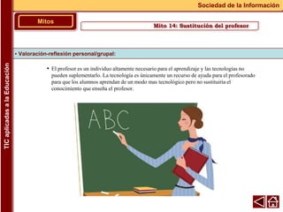 • El profesor es un individuo altamente necesario para el aprendizaje y las tecnologías no
pueden suplementarlo. La tecnología es únicamente un recurso de ayuda para el profesorado
para que los alumnos aprendan de un modo mas tecnológico pero no sustituiría el
conocimiento que enseña el profesor.
▪ Valoración-reflexión personal/grupal:
Mitos
Sociedad de la Información
TIC
aplicadas
a
la
Educación
Mito 14: Sustitución del profesor
 