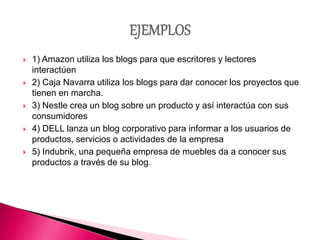  1) Amazon utiliza los blogs para que escritores y lectores
interactúen
 2) Caja Navarra utiliza los blogs para dar conocer los proyectos que
tienen en marcha.
 3) Nestle crea un blog sobre un producto y así interactúa con sus
consumidores
 4) DELL lanza un blog corporativo para informar a los usuarios de
productos, servicios o actividades de la empresa
 5) Indubrik, una pequeña empresa de muebles da a conocer sus
productos a través de su blog.
 