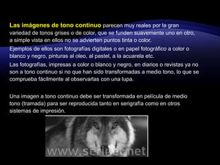 Las imágenes de tono continuo parecen muy reales por la gran variedad de tonos grises o de color, que se funden suavemente uno en otro, a simple vista en ellos no se advierten puntos tinta o color.Ejemplos de ellos son fotografías digitales o en papel fotográfico a color o blanco y negro, pinturas al oleo, al pastel, a la acuarela etc. Las fotografías, impresas a color o blanco y negro, en diarios o revistas ya no son a tono continuo si no que han sido transformadas a medio tono, lo que se comprueba fácilmente al observarlas con una lupa. Una imagen a tono continuo debe ser transformada en película de medio tono (tramada) para ser reproducida tanto en serigrafía como en otros sistemas de impresión.