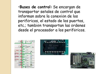 •Buses de control: Se encargan de
transportar señales de control que
informan sobre la conexión de los
periféricos, el estado de los puertos,
etc.; también transportan las órdenes
desde el procesador a los periféricos.
 