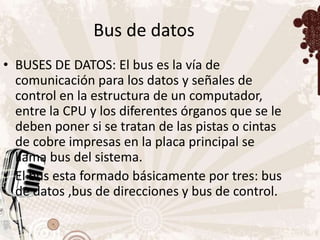 Bus de datos
• BUSES DE DATOS: El bus es la vía de
  comunicación para los datos y señales de
  control en la estructura de un computador,
  entre la CPU y los diferentes órganos que se le
  deben poner si se tratan de las pistas o cintas
  de cobre impresas en la placa principal se
  llama bus del sistema.
• El bus esta formado básicamente por tres: bus
  de datos ,bus de direcciones y bus de control.
 
