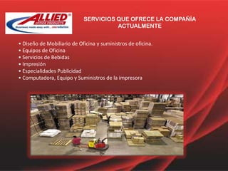 SERVICIOS QUE OFRECE LA COMPAÑÍA ACTUALMENTE• Diseño de Mobiliario de Oficina y suministros de oficina.• Equipos de Oficina • Servicios de Bebidas • Impresión • Especialidades Publicidad • Computadora, Equipo y Suministros de la impresora 
