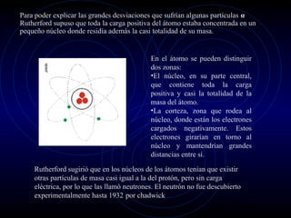 Para poder explicar las grandes desviaciones que sufrían algunas partículas α
Rutherford supuso que toda la carga positiva del átomo estaba concentrada en un
pequeño núcleo donde residía además la casi totalidad de su masa.
En el átomo se pueden distinguir
dos zonas:
•El núcleo, en su parte central,
que contiene toda la carga
positiva y casi la totalidad de la
masa del átomo.
•La corteza, zona que rodea al
núcleo, donde están los electrones
cargados negativamente. Estos
electrones girarían en torno al
núcleo y mantendrían grandes
distancias entre sí.
Rutherford sugirió que en los núcleos de los átomos tenían que existir
otras partículas de masa casi igual a la del protón, pero sin carga
eléctrica, por lo que las llamó neutrones. El neutrón no fue descubierto
experimentalmente hasta 1932 por chadwick
 