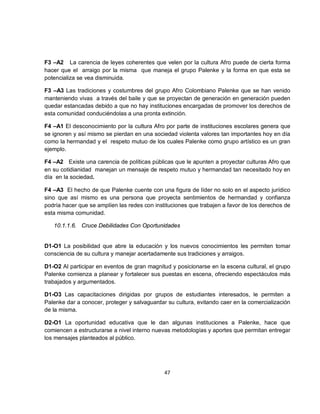 F3 –A2 La carencia de leyes coherentes que velen por la cultura Afro puede de cierta forma
hacer que el arraigo por la misma que maneja el grupo Palenke y la forma en que esta se
potencializa se vea disminuida.

F3 –A3 Las tradiciones y costumbres del grupo Afro Colombiano Palenke que se han venido
manteniendo vivas a través del baile y que se proyectan de generación en generación pueden
quedar estancadas debido a que no hay instituciones encargadas de promover los derechos de
esta comunidad conduciéndolas a una pronta extinción.

F4 –A1 El desconocimiento por la cultura Afro por parte de instituciones escolares genera que
se ignoren y así mismo se pierdan en una sociedad violenta valores tan importantes hoy en día
como la hermandad y el respeto mutuo de los cuales Palenke como grupo artístico es un gran
ejemplo.

F4 –A2 Existe una carencia de políticas públicas que le apunten a proyectar culturas Afro que
en su cotidianidad manejan un mensaje de respeto mutuo y hermandad tan necesitado hoy en
día en la sociedad.

F4 –A3 El hecho de que Palenke cuente con una figura de líder no solo en el aspecto jurídico
sino que así mismo es una persona que proyecta sentimientos de hermandad y confianza
podría hacer que se amplíen las redes con instituciones que trabajen a favor de los derechos de
esta misma comunidad.

   10.1.1.6. Cruce Debilidades Con Oportunidades


D1-O1 La posibilidad que abre la educación y los nuevos conocimientos les permiten tomar
consciencia de su cultura y manejar acertadamente sus tradiciones y arraigos.

D1-O2 Al participar en eventos de gran magnitud y posicionarse en la escena cultural, el grupo
Palenke comienza a planear y fortalecer sus puestas en escena, ofreciendo espectáculos más
trabajados y argumentados.

D1-O3 Las capacitaciones dirigidas por grupos de estudiantes interesados, le permiten a
Palenke dar a conocer, proteger y salvaguardar su cultura, evitando caer en la comercialización
de la misma.

D2-O1 La oportunidad educativa que le dan algunas instituciones a Palenke, hace que
comiencen a estructurarse a nivel interno nuevas metodologías y aportes que permitan entregar
los mensajes planteados al público.




                                              47
 