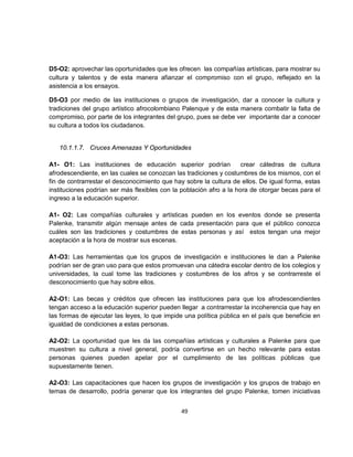 D5-O2: aprovechar las oportunidades que les ofrecen las compañías artísticas, para mostrar su
cultura y talentos y de esta manera afianzar el compromiso con el grupo, reflejado en la
asistencia a los ensayos.

D5-O3 por medio de las instituciones o grupos de investigación, dar a conocer la cultura y
tradiciones del grupo artístico afrocolombiano Palenque y de esta manera combatir la falta de
compromiso, por parte de los integrantes del grupo, pues se debe ver importante dar a conocer
su cultura a todos los ciudadanos.


   10.1.1.7. Cruces Amenazas Y Oportunidades

A1- O1: Las instituciones de educación superior podrían              crear cátedras de cultura
afrodescendiente, en las cuales se conozcan las tradiciones y costumbres de los mismos, con el
fin de contrarrestar el desconocimiento que hay sobre la cultura de ellos. De igual forma, estas
instituciones podrían ser más flexibles con la población afro a la hora de otorgar becas para el
ingreso a la educación superior.

A1- O2: Las compañías culturales y artísticas pueden en los eventos donde se presenta
Palenke, transmitir algún mensaje antes de cada presentación para que el público conozca
cuáles son las tradiciones y costumbres de estas personas y así estos tengan una mejor
aceptación a la hora de mostrar sus escenas.

A1-O3: Las herramientas que los grupos de investigación e instituciones le dan a Palenke
podrían ser de gran uso para que estos promuevan una cátedra escolar dentro de los colegios y
universidades, la cual tome las tradiciones y costumbres de los afros y se contrarreste el
desconocimiento que hay sobre ellos.

A2-O1: Las becas y créditos que ofrecen las instituciones para que los afrodescendientes
tengan acceso a la educación superior pueden llegar a contrarrestar la incoherencia que hay en
las formas de ejecutar las leyes, lo que impide una política pública en el país que beneficie en
igualdad de condiciones a estas personas.

A2-O2: La oportunidad que les da las compañías artísticas y culturales a Palenke para que
muestren su cultura a nivel general, podría convertirse en un hecho relevante para estas
personas quienes pueden apelar por el cumplimiento de las políticas públicas que
supuestamente tienen.

A2-O3: Las capacitaciones que hacen los grupos de investigación y los grupos de trabajo en
temas de desarrollo, podría generar que los integrantes del grupo Palenke, tomen iniciativas


                                              49
 
