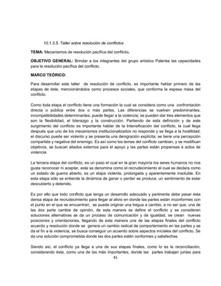 10.1.3.5. Taller sobre resolución de conflictos

TEMA: Mecanismos de resolución pacífica del conflicto.

OBJETIVO GENERAL: Brindar a los integrantes del grupo artístico Palenke las capacidades
para la resolución pacífica del conflicto.

MARCO TEÓRICO:

Para desarrollar este taller de resolución de conflicto, es importante hablar primero de las
etapas de éste, mencionándolos como procesos sociales, que conforma la espesa masa del
conflicto.

Como toda etapa el conflicto tiene una formación la cual se considera como una confrontación
directa o pública entre dos o más partes. Las diferencias se vuelven predominantes,
incompatibilidades determinantes; puede llegar a la violencia; se pueden dar tres elementos que
son la flexibilidad, el liderazgo y la construcción. Partiendo de esta definición y de este
surgimiento del conflicto es importante hablar de la Intensificación del conflicto, la cual llega
después que uno de los mecanismos institucionalizados no responde y se llega a la hostilidad;
el discurso puede ser violento y se presenta una denigración explícita; se tiene una percepción
compartida y negativa del enemigo. Es así como los temas del conflicto cambian, y se modifican
objetivos, se buscan aliados externos para el apoyo y las partes están propensas a actos de
violencia.

La tercera etapa del conflicto, es un paso el cual en la gran mayoría los seres humanos no nos
gusta reconocer ni aceptar, esta se denomina como el recrudecimiento el cual se declara como
un estado de guerra abierto, es un etapa violenta, prolongada y aparentemente insoluble. En
esta etapa sólo se entiende la dinámica de ganar o perder se produce, un sentimiento de estar
descubierto y detenido.

Es por ello que todo conflicto que tenga un desarrollo adecuado y pertinente debe pasar ésta
densa etapa de recrudecimiento para llegar al alivio en donde las partes están inconformes con
el punto en el que se encuentran, se puede originar una tregua a cambio, a no ser que, una de
las dos parte cambie de opinión, de esta manera se define el conflicto y se consideran
soluciones alternativas se da un proceso de comunicación y de igualdad, se crean nuevas
posiciones y orientaciones, llegando de esta manera una de las etapas finales del conflicto
acuerdo y resolución donde se genera un cambio radical de comportamiento en las partes y se
da el fin a la violencia, se busca conseguir un acuerdo sobre aspectos iníciales del conflicto. Se
da una solución comprometida donde las dos partes estén conformes y satisfechas.

Siendo así, el conflicto ya llega a una de sus etapas finales, como lo es la reconciliación,
considerando ésta, como una de las más importantes, donde las partes trabajan juntas para
                                            81
 