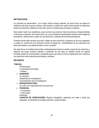 METODOLOGÍA:

La actividad se desarrollara en el lugar donde ensaya palenke, de esta forma se espera la
asistencia de todo el grupo artístico, solo tendrá un sesión de cuatro horas donde se explicaran
todas los derechos y deberes de los afro, tanto en instituciones privadas y públicas.

Esta sesión será muy académica, pues se tiene que abarcar todos los temas correspondientes
a derechos y deberes, se le dará inicio con una actividad de participación donde cada integrante
de palenke deberá decir cuáles son los derechos y deberes de los afrocolombianos.

Posteriormente ellos tendrán que decir cuáles de esos derechos y deberes se les han respetado
y cuáles no, siendo así nos daremos cuenta el estado de vulnerabilidad de sus derechos por
parte del estado y que deberes ellos no han cumplido.

De esta forma el conferencista podrá contextualizarse frente el estado actual de los derechos y
deberes del grupo artístico palenke y partiendo de allí dará su cátedra donde se espera
brindarle todas las herramientas necesarias para que ellos de forma respetuosa den reclamen
sus derechos ante instituciones privadas y públicas.

RECURSOS

FÍSICOS:
      35 fotocopias.
      2 marcadores borrables.
      1 tablero.
   • HUMANOS:
      Un docente
      Asistentes de investigación.
      Coordinadores de la investigación.
   • INFRAESTRUCTURA
      Un salón con capacidad para 35 personas.
   • TÉCNICOS:
      1 computador
      1 video beam
      Parlantes´
      FUENTES DE VERIFICACIÓN: Registro fotográfico, grabación de video y audio por
      separado, el resultado de trabajos escritos y audiovisuales.




                                              86
 