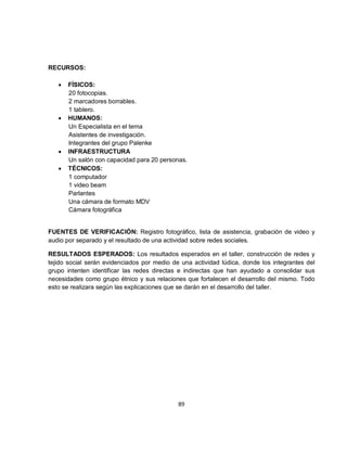 RECURSOS:

   •   FÍSICOS:
       20 fotocopias.
       2 marcadores borrables.
       1 tablero.
   •   HUMANOS:
       Un Especialista en el tema
       Asistentes de investigación.
       Integrantes del grupo Palenke
   •   INFRAESTRUCTURA
       Un salón con capacidad para 20 personas.
   •   TÉCNICOS:
       1 computador
       1 video beam
       Parlantes
       Una cámara de formato MDV
       Cámara fotográfica


FUENTES DE VERIFICACIÓN: Registro fotográfico, lista de asistencia, grabación de video y
audio por separado y el resultado de una actividad sobre redes sociales.

RESULTADOS ESPERADOS: Los resultados esperados en el taller, construcción de redes y
tejido social serán evidenciados por medio de una actividad lúdica, donde los integrantes del
grupo intenten identificar las redes directas e indirectas que han ayudado a consolidar sus
necesidades como grupo étnico y sus relaciones que fortalecen el desarrollo del mismo. Todo
esto se realizara según las explicaciones que se darán en el desarrollo del taller.




                                             89
 