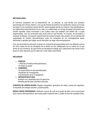 METODOLOGÍA:

El cine-foro empezará con la presentación de la película, la cual tendrá una duración
aproximada de 2 horas máximo, una vez terminada se pedirá a los asistentes colocar en la hoja
de papel (1) los momentos claves del film, quizá aquellos donde se sintieron más identificados y
los relacionará estrechamente con su vida y su cotidianidad, en la hoja de papel (2) tendrán que
escribir aquellas cosas incomodas o las cuales creen que estaban mal relatas allí, o quizá
tergiversadas, una vez terminado este punto para el cual tendrán 10 minutos, se procederá a
empezar el debate, a compartir experiencias las cuales tomarán más sentido con los aportes del
especialista en historia afrocolombiana quien en compañía de los investigadores darán
elementos o aportes que hagan que la discusión se haga más enriquecedora.

Una vez terminado la discusión el grupo en compañía del especialista hará una reflexión acerca
de cómo cada una de las temáticas de la sesión se han desfigurado por la cultura en la que
ahora se ven inmersos, de igual forma se rescatará el trabajo que, hasta ahora han hecho como
grupo ha sido vital para que en ellos aún vivan estas costumbres.


RECURSOS

   • FÍSICOS:
     1 Película (Temática Afrocolombiana)
     70 Hojas de papel
   • HUMANOS:
     Un especialista en afrocolombianidad
     Asistentes de investigación.
     Coordinadores de la investigación.
   • INFRAESTRUCTURA
     Auditorio con capacidad para 35 personas
     Pantalla grande para visualizar películas

FUENTES DE VERIFICACIÓN: Registro fotográfico, grabación de video y audio por separado,
el resultado de trabajos escritos y audiovisuales.

RESULTADOS ESPERADOS: Reflexión acerca de cuál es el papel de ellos como precursores
de la cultura afrocolombiana, qué cosas están haciendo bien y cuáles se les han quedado atrás.




                                              95
 