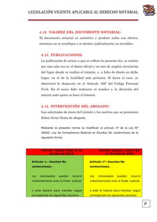 LEGISLACIÓN VIGENTE APLICABLE AL DERECHO NOTARIAL

4.12. VALIDEZ DEL DOCUMENTO NOTARIAL:
El documento notarial es auténtico y produce todos sus efectos,
mientras no se rectifique o se declare judicialmente su invalidez.
4.13. PUBLICACIONES:
La publicación de avisos a que se refiere la presente ley, se realiza
por una sola vez en el diario oficial y en otro de amplia circulación
del lugar donde se realiza el trámite, y, a falta de diario en dicho
lugar, en el de la localidad más próxima. Si fuera el caso, se
observará lo dispuesto en el Artículo 169º del Código Procesal
Civil. En el aviso debe indicarse el nombre y la dirección del
notario ante quien se hace el trámite.
4.14. INTERVENCIÓN DEL ABOGADO:
Las solicitudes de inicio del trámite y los escritos que se presenten
deben llevar firma de abogado.
Mediante la presente norma se modifican el artículo 1º de la Ley Nº
26662, Ley de Competencia Notarial en Asuntos No contenciosos de la
siguiente forma:

Artículo vigente hasta el 16
de julio de 2010

Artículo vigente a partir del
17 de julio de 2010

Artículo 1.- Asuntos No

Artículo 1º: Asuntos No

contenciosos.-

contenciosos.-

Los

interesados

pueden

recurrir

Los

interesados

pueden

recurrir

indistintamente ante el Poder Judicial

o ante Notario para tramitar según

o ante el notario para tramitar según

corresponda los siguientes asuntos:

corresponda los siguientes asuntos:

76

indistintamente ante el Poder Judicial

 