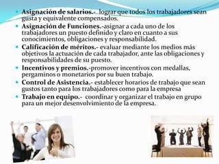  Asignación de salarios.- lograr que todos los trabajadores sean
    gusta y equivalente compensados.
   Asignación de Funciones.-asignar a cada uno de los
    trabajadores un puesto definido y claro en cuanto a sus
    conocimientos, obligaciones y responsabilidad.
   Calificación de méritos.- evaluar mediante los medios más
    objetivos la actuación de cada trabajador, ante las obligaciones y
    responsabilidades de su puesto.
   Incentivos y premios.-promover incentivos con medallas,
    pergaminos o monetarios por su buen trabajo.
   Control de Asistencia.- establecer horarios de trabajo que sean
    gustos tanto para los trabajadores como para la empresa
   Trabajo en equipo.- coordinar y organizar el trabajo en grupo
    para un mejor desenvolvimiento de la empresa.
 