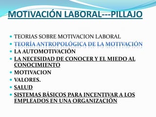 MOTIVACIÓN LABORAL---PILLAJO

 TEORIAS SOBRE MOTIVACION LABORAL

 LA AUTOMOTIVACIÓN
 LA NECESIDAD DE CONOCER Y EL MIED...