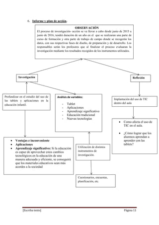[Escriba texto] Página 11
6. Informe y plan de acción.
OBSERVACIÓN
El proceso de investigación- acción se va llevar a cabo desde junio de 2015 a
junio de 2016, tendrá duración de un año en el que se realizaran una parte de
curso de formación y otra parte de trabajo de campo donde se recogerán los
datos, con sus respectivas fases de diseño, de preparación y de desarrollo. Los
responsables serán los profesores que al finalizar el proceso evaluaran la
investigación mediante los resultados recogidos de los instrumentos utilizados.
Investigación Reflexión
Profundizar en el estudio del uso de
las tablets y aplicaciones en la
educación infantil.
 Ventajas e inconveniente
 Aplicaciones
 Aprendizaje significativo: Si la educación
es capaz de aprovechar estos cambios
tecnológicos en la educación de una
manera adecuada y eficiente, se conseguirá
que los materiales educativos sean más
acordes a la sociedad
Análisis de variables:
- Tablet
- Aplicaciones
- Aprendizaje significativo
- Educación tradicional
- Nuevas tecnologías
Utilización de distintos
instrumentos de
investigación.
Cuestionarios, encuestas,
planificación, etc.
Implantación del uso de TIC
dentro del aula
 Como afecta el uso de
TIC en el aula.
 ¿Cómo lograr que los
alumnos aprendan a
aprender con las
tablets?
 