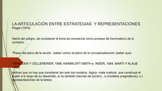 LA ARTICULACIÓN ENTRE ESTRATEGIAS Y REPRESENTACIONES 
Piaget (1974) 
Alertó del peligro, de considerar la toma de conciencia como proceso de (iluminativo) de lo 
contrario. 
*Pasar del plano de la acción (saber como) al plano de la conceptualización (saber que). 
*INHELDER Y CELLERERIER, 1996; KARMILOFT-SMITH e INDER, 1984; MARTI Y KLAUE 
1995) 
Indican que no hay que considerar tan solo los modelos lógico- mate maticos que construye el 
sujeto a lo largo de su desarrollo, si no también (teorías de acción) , o (modelos pragmáticos), o ( 
representaciones de la tarea). 
 