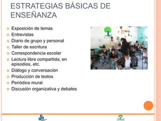 ESTRATEGIAS BÁSICAS DE
ENSEÑANZA
 Exposición de temas
 Entrevistas
 Diario de grupo y personal
 Taller de escritura
 Correspondencia escolar
 Lectura libre compartida, en
episodios, etc.
 Diálogo y conversación
 Producción de textos
 Periódico mural
 Discusión organizativa y debates
 