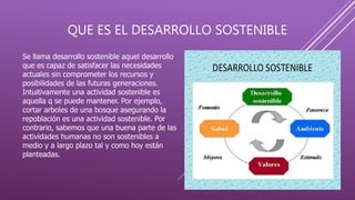 QUE ES EL DESARROLLO SOSTENIBLE
Se llama desarrollo sostenible aquel desarrollo
que es capaz de satisfacer las necesidades
actuales sin comprometer los recursos y
posibilidades de las futuras generaciones.
Intuitivamente una actividad sostenible es
aquella q se puede mantener. Por ejemplo,
cortar arboles de una bosque asegurando la
repoblación es una actividad sostenible. Por
contrario, sabemos que una buena parte de las
actividades humanas no son sostenibles a
medio y a largo plazo tal y como hoy están
planteadas.
 