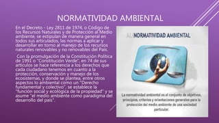 NORMATIVIDAD AMBIENTAL
En el Decreto - Ley 2811 de 1974, o Código de
los Recursos Naturales y de Protección al Medio
ambiente, se estipulan de manera general en
todos sus articulados, las normas a aplicar y
desarrollar en torno al manejo de los recursos
naturales renovables y no renovables del País.
Con la promulgación de la Constitución Política
de 1991 o "Constitución Verde", en 74 de sus
artículos se hace referencia a los derechos que
cada ciudadano tenemos en cuanto a la
protección, conservación y manejo de los
ecosistemas, y donde se plantea, entre otros
aspectos lo ambiental como un "Derecho
fundamental y colectivo", se establece la
"función social y ecológica de la propiedad" y se
asume "el medio ambiente como paradigma del
desarrollo del país".
 