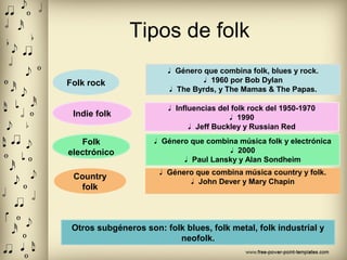 Tipos de folk
Folk rock
Indie folk
Folk
electrónico
Country
folk
♩ Género que combina folk, blues y rock.
♩ 1960 por Bob Dylan
♩ The Byrds, y The Mamas & The Papas.
♩ Influencias del folk rock del 1950-1970
♩ 1990
♩ Jeff Buckley y Russian Red
♩ Género que combina música folk y electrónica
♩ 2000
♩ Paul Lansky y Alan Sondheim
♩ Género que combina música country y folk.
♩ John Dever y Mary Chapin
Otros subgéneros son: folk blues, folk metal, folk industrial y
neofolk.
 