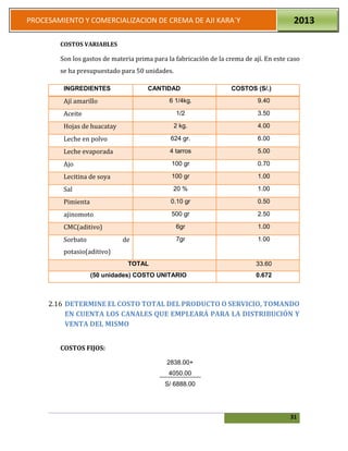 31
PROCESAMIENTO Y COMERCIALIZACION DE CREMA DE AJI KARA`Y 2013
COSTOS VARIABLES
Son los gastos de materia prima para la fabricación de la crema de ají. En este caso
se ha presupuestado para 50 unidades.
INGREDIENTES CANTIDAD COSTOS (S/.)
Ají amarillo 6 1/4kg. 9.40
Aceite 1/2 3.50
Hojas de huacatay 2 kg. 4.00
Leche en polvo 624 gr. 6.00
Leche evaporada 4 tarros 5.00
Ajo 100 gr 0.70
Lecitina de soya 100 gr 1.00
Sal 20 % 1.00
Pimienta 0.10 gr 0.50
ajinomoto 500 gr 2.50
CMC(aditivo) 6gr 1.00
Sorbato de
potasio(aditivo)
7gr 1.00
TOTAL 33.60
(50 unidades) COSTO UNITARIO 0.672
2.16 DETERMINE EL COSTO TOTAL DEL PRODUCTO O SERVICIO, TOMANDO
EN CUENTA LOS CANALES QUE EMPLEARÁ PARA LA DISTRIBUCIÓN Y
VENTA DEL MISMO
COSTOS FIJOS:
2838.00+
4050.00
S/ 6888.00
 