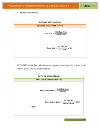 94
PROCESAMIENTO Y COMERCIALIZACION DE CREMA DE AJI KARA`Y 2013
 Ratios de rentabilidad
RATIO DE RENTABILIDAD
RENTABILIDAD SOBRE ACTIVO
𝑹𝒆𝒏𝒕. 𝑨𝒄𝒕. =
𝑼𝒕𝒊𝒍𝒊𝒅𝒂𝒅 𝑵𝒆𝒕𝒂
𝑨𝒄𝒕𝒊𝒗𝒐 𝑻𝒐𝒕𝒂𝒍
𝑹𝒆𝒏𝒕. 𝑨𝒄𝒕. =
𝟑𝟎. 𝟔𝟖𝟒, 𝟒𝟎
𝟏𝟐𝟑. 𝟐𝟏𝟎
= 𝑺/
INTERPRETACION: Por cada sol que la empresa tiene invertido la empresa en
activos genera S/.0.25 de utilidad neta.
RATIO DE RENTABILIDAD
RENTABILIDAD SOBRE VENTAS
𝑹𝒆𝒏𝒕. 𝒔𝒐𝒃𝒓𝒆 𝒗𝒕𝒂𝒔. =
𝑼𝒕𝒊𝒍𝒊𝒅𝒂𝒅 𝑵𝒆𝒕𝒂
𝒗𝒆𝒏𝒕𝒂𝒔
𝑹𝒆𝒏𝒕. 𝒔𝒐𝒃𝒓𝒆 𝑽𝒕𝒂𝒔. =
𝟑𝟎. 𝟔𝟖𝟒, 𝟒𝟎
𝟐𝟎𝟎. 𝟔𝟓𝟖, 𝟔𝟎
× 𝟏𝟎𝟎
= 𝟏𝟓%
 