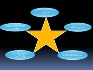 COHESION




ASIGNACIN DE ROLES
                                        COMUNICACIÓN
    Y NORMAS




       DEFINICION DE
        OBJETIVOS                 INTERDEPENDENCIA
 