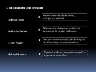 4. Una con una línea según corresponda


                                      Maquina que además de sumar ,
                                 b
                                      multiplicaba y dividía.
  a) Blaise Pascal


                                      Telar mecánico basado en una lectora
                                 d
  b) Gottfied Leibniz                 automática de tarjetas perforadas


                                  f   Crea dos maquinas de calcular : la maquina
  c) Jhon Napier                      de diferencias y la maquina analítica



                                         El prototipo de su maquina desapareció en
  d) Joseph Jacquard              g
                                         la guerra de las 30 años
 