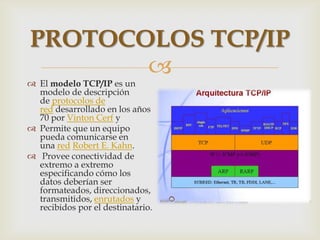 PROTOCOLOS TCP/IP


 El modelo TCP/IP es un
modelo de descripción
de protocolos de
red desarrollado en los años
70 por Vinton Cerf y
 Permite que un equipo
pueda comunicarse en
una red Robert E. Kahn.
 Provee conectividad de
extremo a extremo
especificando cómo los
datos deberían ser
formateados, direccionados,
transmitidos, enrutados y
recibidos por el destinatario.

 