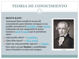 TEORIA DE CONOCIMIENTO
 SEGÚN KANT
Immanuel Kant estudió la teoría del
conocimiento para intentar averiguar si era
posible reconstruir la metafísica como ciencia,
realizando así una suspensión de juicio
humano (epojé o epogé) que le permitiese
saber:
 ¿Qué puedo saber? → metafísica.
 ¿Qué debo hacer? → ética, moral.
 ¿Qué me está permitido esperar? → religión.
Para saber así qué límites y posibilidades
tiene el hombre en estos tres campos.
 