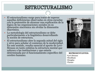  El estructuralismo surge para tratar de superar
aquellas deficiencias observadas en otras escuelas
con la pretensión de alcanzar una explicación de la
lógica de las organizaciones sociales en su
dimensión sincrónica sin olvidar la dimensión
diacrónica.
 La metodología del estructuralismo se debe
particularmente a la lingüística desarrollando
la noción de estructura.
 El estructuralismo abre la segunda mitad del siglo
y sirve para señalar el comienzo de la modernidad.
En este sentido, resulta esencial el aporte de Levi-
Strauss en tanto enfatiza la estructura mental que
subyace a las instituciones y que estaría
determinada por el funcionamiento específico del
cerebro humano.
REPRESENTANTES:
•Levi-Strauss
•Needham
•Douglas
•Turner
 