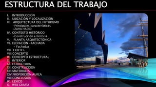 ESTRUCTURA DEL TRABAJO
I. INTRODUCCION
II. UBICACIÓN Y LOCALIZACION
III. ARQUITECTURA DEL FUTURISMO
-Principales características
-ZAHA HADID
IV. CONTEXTO HISTÓRICO
-Construcción e historia
V. PLANTA ARQUITECTÓNICA
VI. ELEVACIÓN -FACHADA
- Fachadas
VII. CORTES
VIII.CONCEPTO
IX. CONCEPTO ESTRUCTURAL
X. INTERIOR
XI. ESTRUCTURA
XII. CONSTRUCCIÓN
XIII.MATERIALES
XIV.PROPORCIÓN AUREA
VIII.CONCLUSIÓN
IX. LEXICO
X. WEB GRAFÍA
 