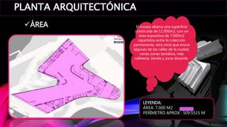 PLANTA ARQUITECTÓNICA
El museo abarca una superficie
construida de 11.000m2, con un
área expositiva de 7.000m2
repartidos entre la colección
permanente, otra zona que evoca
algunas de las calles de la ciudad,
varias zonas temática, más
cafetería, tienda y zona docente.
LEYENDA:
ÁREA: 7.000 M2
PERÍMETRO APROX : 509.5515 M
ÁREA
 