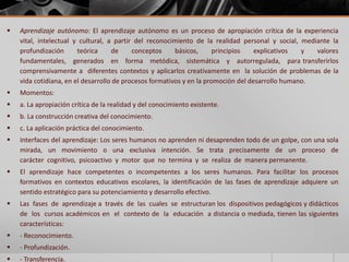  Aprendizaje autónomo: El aprendizaje autónomo es un proceso de apropiación crítica de la experiencia 
vital, intelectual y cultural, a partir del reconocimiento de la realidad personal y social, mediante la 
profundización teórica de conceptos básicos, principios explicativos y valores 
fundamentales, generados en forma metódica, sistemática y autorregulada, para transferirlos 
comprensivamente a diferentes contextos y aplicarlos creativamente en la solución de problemas de la 
vida cotidiana, en el desarrollo de procesos formativos y en la promoción del desarrollo humano. 
 Momentos: 
 a. La apropiación crítica de la realidad y del conocimiento existente. 
 b. La construcción creativa del conocimiento. 
 c. La aplicación práctica del conocimiento. 
 Interfaces del aprendizaje: Los seres humanos no aprenden ni desaprenden todo de un golpe, con una sola 
mirada, un movimiento o una exclusiva intención. Se trata precisamente de un proceso de 
carácter cognitivo, psicoactivo y motor que no termina y se realiza de manera permanente. 
 El aprendizaje hace competentes o incompetentes a los seres humanos. Para facilitar los procesos 
formativos en contextos educativos escolares, la identificación de las fases de aprendizaje adquiere un 
sentido estratégico para su potenciamiento y desarrollo efectivo. 
 Las fases de aprendizaje a través de las cuales se estructuran los dispositivos pedagógicos y didácticos 
de los cursos académicos en el contexto de la educación a distancia o mediada, tienen las siguientes 
características: 
 - Reconocimiento. 
 - Profundización. 
 - Transferencia. 
 
