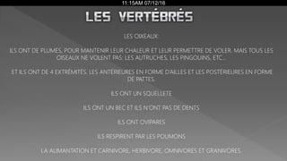 11:15AM 07/12/16
LES OIXEAUX:
ILS ONT DE PLUMES, POUR MANTENIR LEUR CHALEUR ET LEUR PERMETTRE DE VOLER. MAIS TOUS LES
OISEAUX NE VOLENT PAS: LES AUTRUCHES, LES PINGOUINS, ETC…
ET ILS ONT DE 4 EXTRÉMITÉS. LES ANTÉRIEURES EN FORME D’AILLES ET LES POSTÉRIEURES EN FORME
DE PATTES.
ILS ONT UN SQUELLETE
ILS ONT UN BEC ET ILS N’ONT PAS DE DENTS
ILS ONT OVIPARES
ILS RESPIRENT PAR LES POUMONS
LA ALIMANTATION ET CARNIVORE, HERBIVORE, OMNIVORES ET GRANIVORES.
 