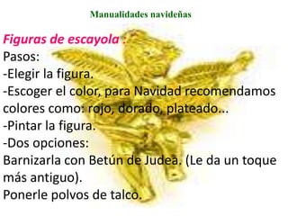 Manualidades navideñas

Figuras de escayola :
Pasos:
-Elegir la figura.
-Escoger el color, para Navidad recomendamos
colores como: rojo, dorado, plateado...
-Pintar la figura.
-Dos opciones:
Barnizarla con Betún de Judea. (Le da un toque
más antiguo).
Ponerle polvos de talco.
 