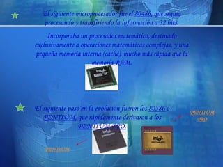El siguiente microprocesador fue el 80486, que seguía 
procesando y transfiriendo la información a 32 bits. 
Incorporaba un procesador matemático, destinado 
exclusivamente a operaciones matemáticas complejas, y una 
pequeña memoria interna (caché), mucho más rápida que la 
memoria RAM. 
El siguiente paso en la evolución fueron los 80586 o 
PENTIUM, que rápidamente derivaron a los 
PENTIUM PRO. 
PENTIUM 
PRO 
PENTIUM 
 