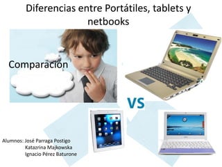 Diferencias entre Portátiles, tablets y
                       netbooks


  Comparación




Alumnos: José Parraga Postigo
         Katazrina Majkowska
         Ignacio Pérez Baturone
 