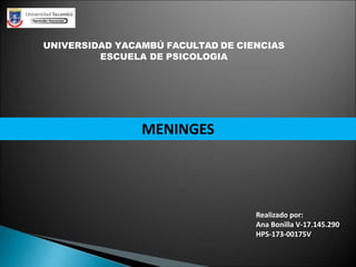 Realizado por:
Ana Bonilla V-17.145.290
HPS-173-00175V
MENINGES
UNIVERSIDAD YACAMBÚ FACULTAD DE CIENCIAS
ESCUELA DE PSICOLOGIA
 